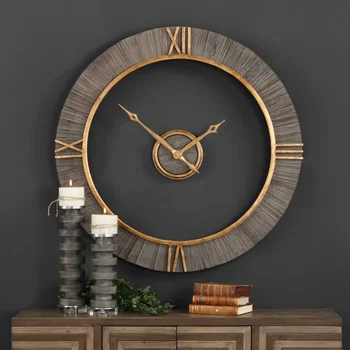 Гигантские креативные настенные часы с плавающим центральным циферблатом в серой деревянной рамке с золотыми металлическими римскими цифрами