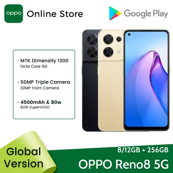 Глобальная версия OPPO Reno 8 5G Смартфон 8GB 256GB MTK с Яркостью 1300 Мобильный телефон 90 Гц AMOLED Дисплей 50 Мп Камера 80 Вт SUPERVOOC