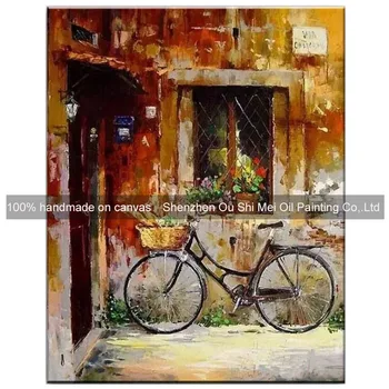 Картины для домашнего декора, декоративная картина маслом ручной работы, Оконный пейзаж, картина для украшения стен, велосипед на уличном пейзаже